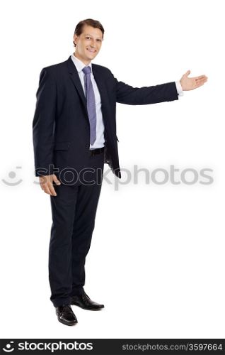 Photo of a handsome young businessman pointing to something.&#xA;