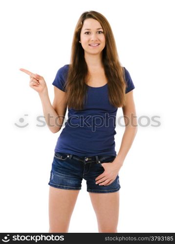 Photo of a happy young female pointing to something with her right hand over white background.