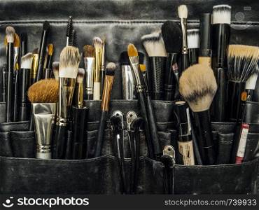 Photo of a leather bag filled with makup brushes and cosmetic applicators.