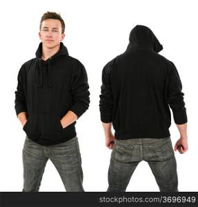 Photo of a male in his late teens posing with a blank black hoodie. Front and back views ready for your artwork or designs.&#xA;