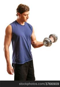 Photo of a man in his early thirties doing bicep curls with a dumbbell over a white background.