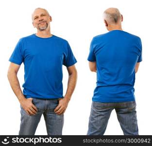 Photo of a man in his mid forties wearing a blank blue shirt. Ready for your design or artwork.
