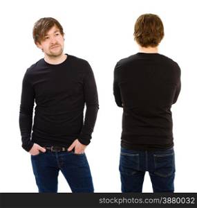 Photo of a man wearing blank black long sleeve shirt, front and back. Ready for your design or artwork.