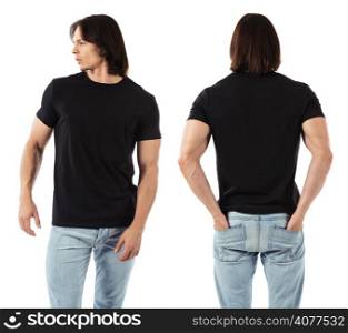 Photo of a man wearing blank black t-shirt, front and back. Ready for your design or artwork.