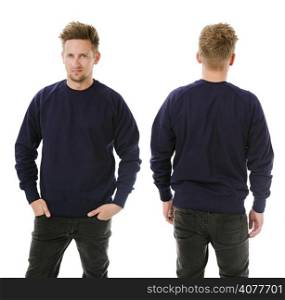 Photo of a man wearing blank dark purple sweatshirt, front and back. Ready for your design or artwork.
