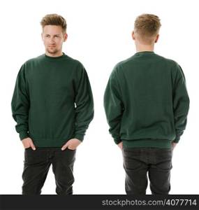 Photo of a man wearing blank green sweatshirt, front and back. Ready for your design or artwork.