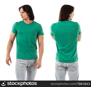 Photo of a man wearing blank green t-shirt, front and back. Ready for your design or artwork.