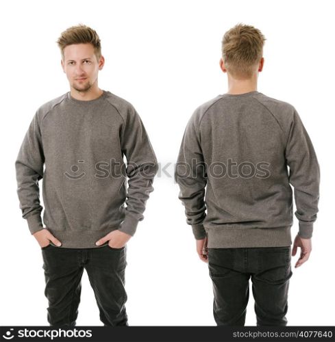 Photo of a man wearing blank grey sweatshirt, front and back. Ready for your design or artwork.