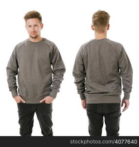 Photo of a man wearing blank grey sweatshirt, front and back. Ready for your design or artwork.