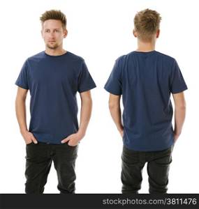Photo of a man wearing blank navy blue t-shirt, front and back. Ready for your design or artwork.