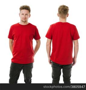 Photo of a man wearing blank red t-shirt, front and back. Ready for your design or artwork.