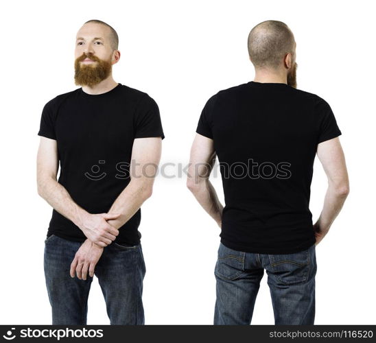 Photo of a man with a beard and wearing a blank black t-shirt, front and back. Ready for your design or artwork.