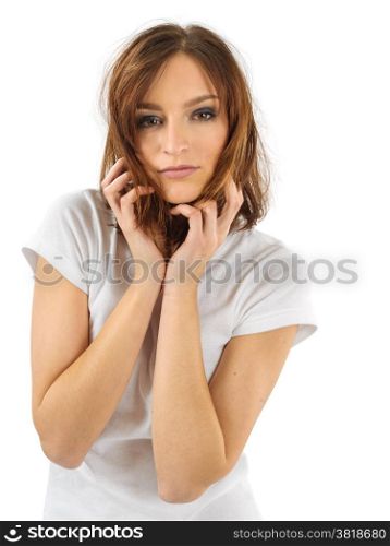 Photo of a pretty model posing over white background.