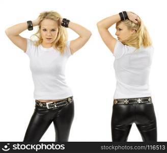 Photo of a sexy beautiful blond woman posing with a blank white t-shirt, ready for your artwork or design.