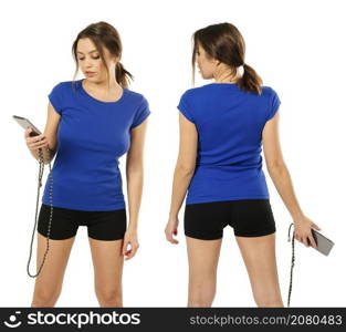 Photo of a sexy young woman with shorts wearing a blank blue shirt, front and back.