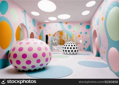 Photo of a surreal, dreamlike museum display with organic and geometric shapes in pastel colors. Photo of a surreal, dreamlike museum display with organic and geometric shapes in pastel colors AI Generated
