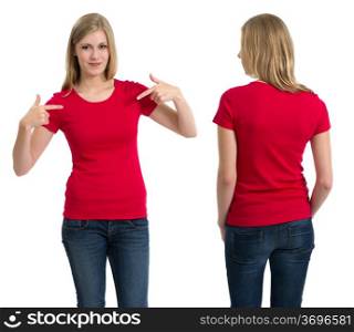 Photo of a teenage female with long blond hair posing with a blank red shirt. Front and back views ready for your artwork or designs.