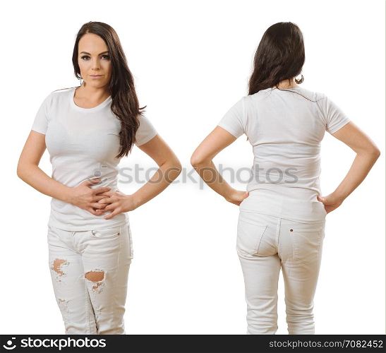 Photo of a woman posing with a blank white t-shirt, ready for your artwork or design.