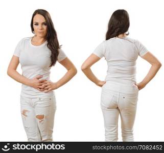Photo of a woman posing with a blank white t-shirt, ready for your artwork or design.
