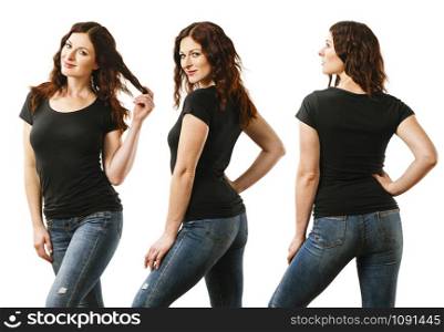 Photo of a young beautiful redhead woman with blank black shirt, front, side and back. Ready for your design or artwork.