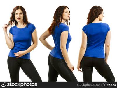 Photo of a young beautiful redhead woman with blank blue shirt, front, side and back. Ready for your design or artwork.