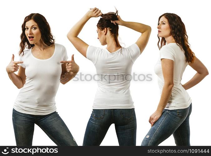 Photo of a young beautiful redhead woman with blank white shirt, front, side and back. Ready for your design or artwork.