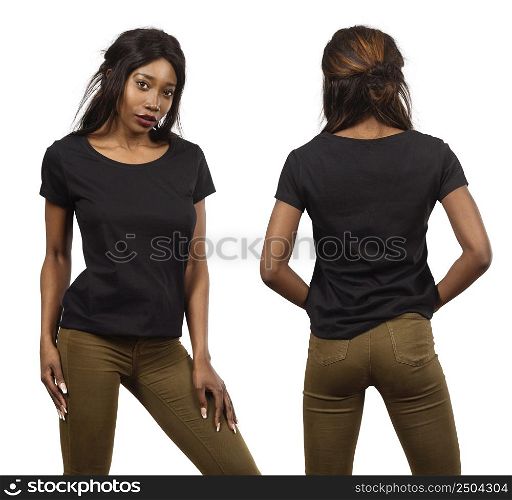 Photo of a young black woman posing with a blank black t-shirt ready for your artwork or design.