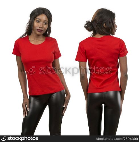 Photo of a young black woman posing with a blank red t-shirt ready for your artwork or design.