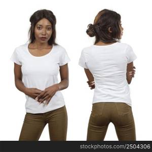Photo of a young black woman posing with a blank white t-shirt ready for your artwork or design.