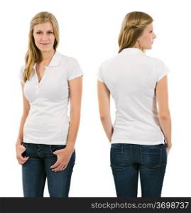 Photo of a young female in her late teens posing with a blank white polo shirt. Front and back views ready for your artwork or designs.&#xA;