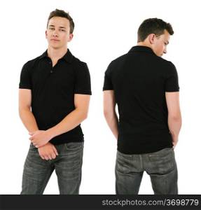 Photo of a young male posing with a blank black polo shirt. Front and back views ready for your artwork or designs.
