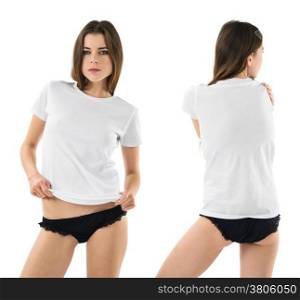 Photo of a young sexy female wearing underwear and blank white shirt, front and back. Ready for your design or artwork.