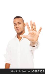 Photo of african man making stop gesture over white isolated background