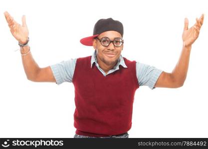 Photo of african man nerd over white isolated background