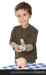 photo of an adorable boy breaking the money box