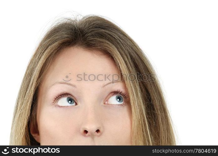 Photo of an attractive blond female looking up at something.