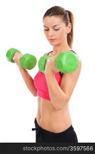 Photo of an attractive female doing dumbbell curls over white background.&#xA;