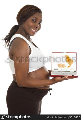 photo of an attractive pregnant woman with a screen a over white background