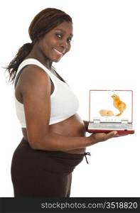photo of an attractive pregnant woman with a screen a over white background