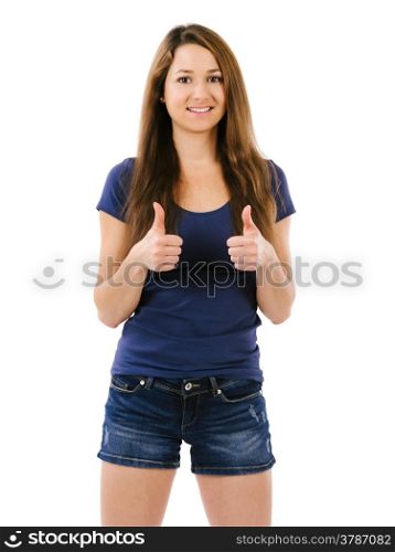 Photo of an happy young female doing the two thumbs up gesture over white background.