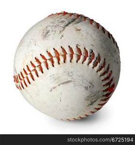 Photo of an old baseball with scratches and worn areas, isolated on white background.
