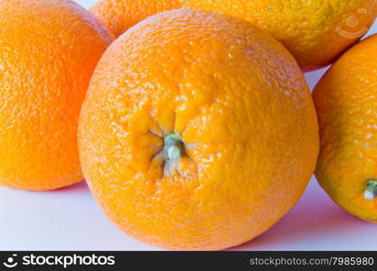 Photo of appetizing ripe oranges on white background