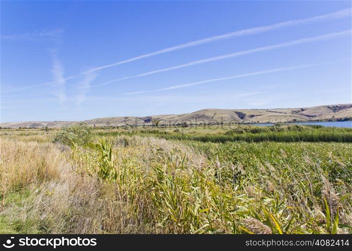 Photo of autumn landscape with blue sky