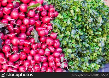 Photo of background fresh radish and foliage