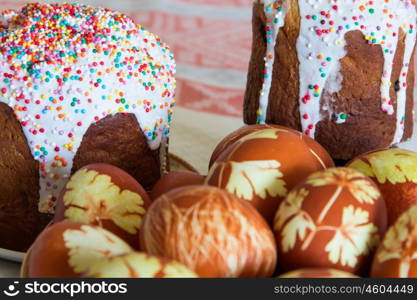 Photo of background with Easter eggs and Kulich