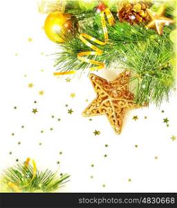 Photo of beautiful Christmas border, Christmastime festive still life, green fir tree decorated with golden ribbon, star and ball isolated on white background, New Year greeting card, Xmas decoration