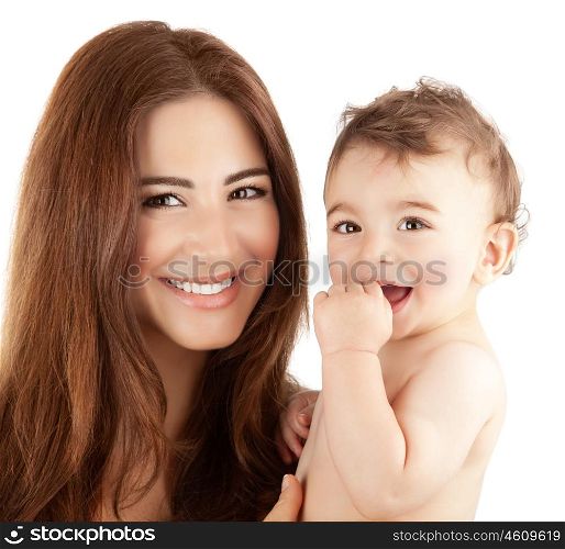 Photo of beautiful mother holding cute baby boy, closeup portrait of pretty brunette woman with little son isolated on white background, happy arabic family, adorable kid, love and happiness concept