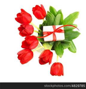 Photo of beautiful red tulips bouquet with small giftbox on green leaves of flowers isolated on white background, happy mothers day, anniversary celebration, romantic gift, love concept&#xA;