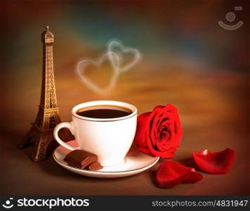 Photo of beautiful still life of Europe dessert, travel to Paris, morning coffee with pieces of sweet chocolate, festive dinner in restaurant, Eiffel tower, honeymoon in France, Valentine day
