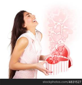 Photo of beautiful woman opened present box, cute female holding in hands open heart-shaped gift isolated on white background, romantic holiday, Valentines day, love concept